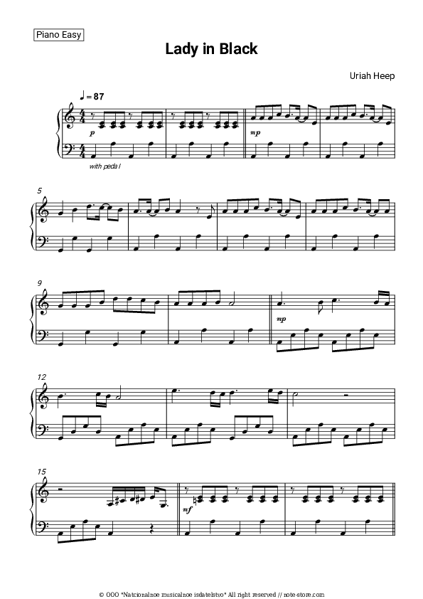 Lady In Black - Uriah Heep Piano Sheet Music Easy - Piano.Easy