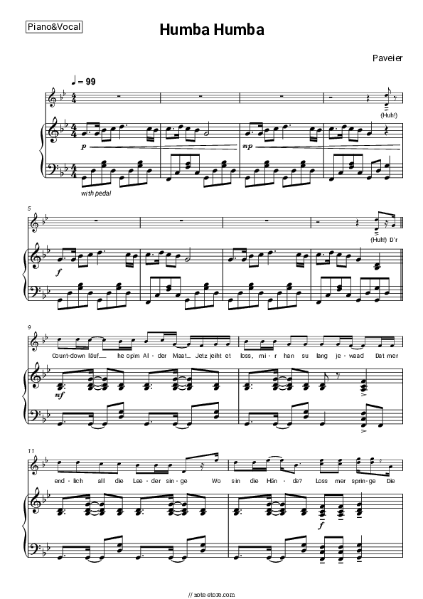 Humba Humba - Paveier Piano Sheet Music with the Voice part - Piano&Vocal