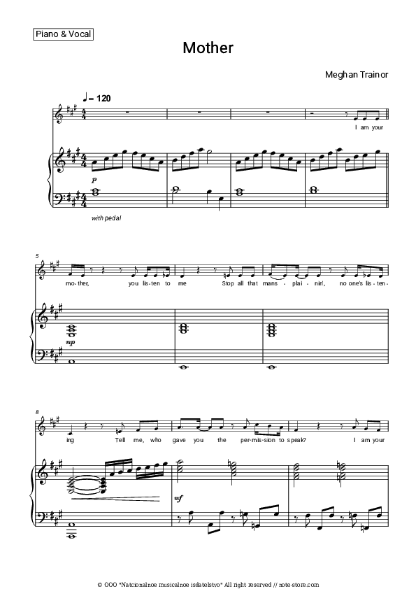 Mother - Meghan Trainor Piano Sheet Music with the Voice part - Piano&Vocal