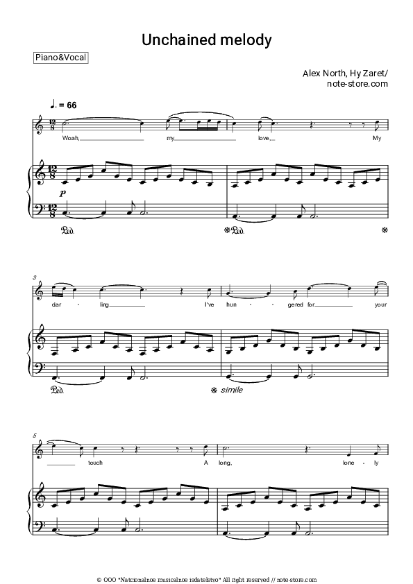 Unchained melody - Elvis Presley Piano Sheet Music with the Voice part - Piano&Vocal