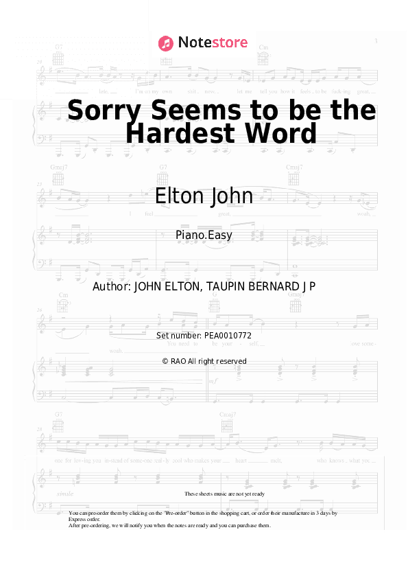 Sorry Seems to be the Hardest Word - Elton John Piano Sheet Music Easy - Piano.Easy