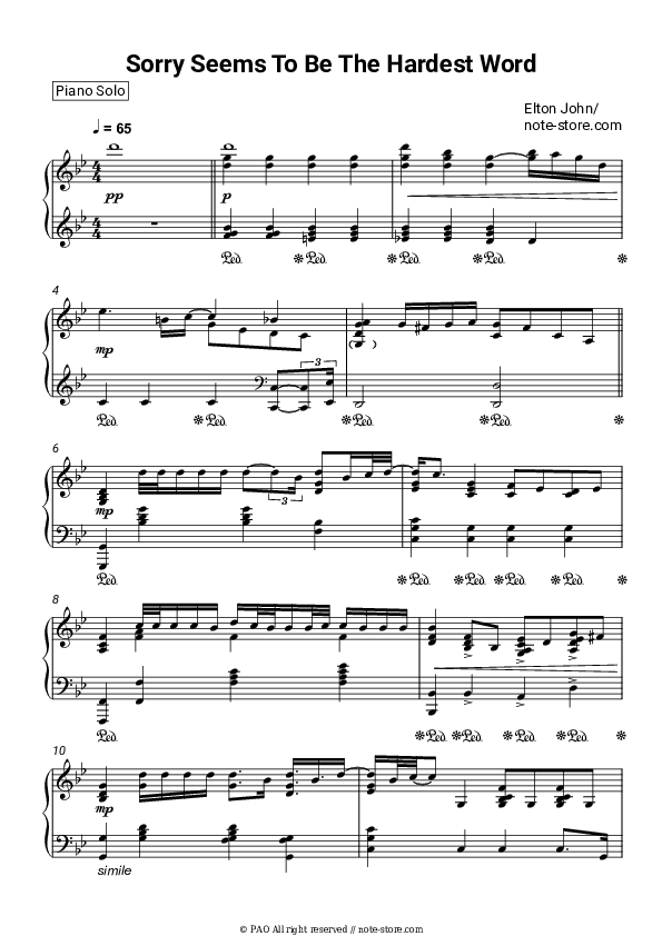 Sorry Seems to be the Hardest Word - Elton John Piano Sheet Music - Piano.Solo