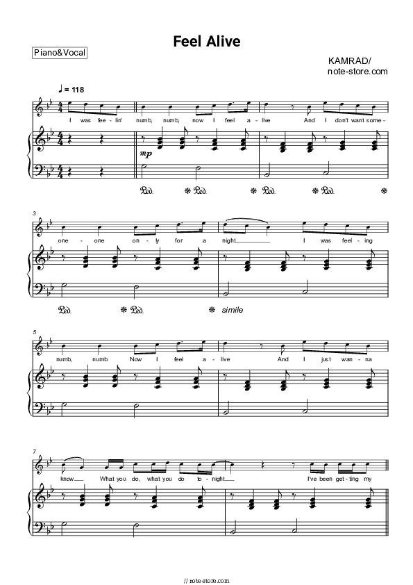 Feel Alive - KAMRAD Piano Sheet Music with the Voice part - Piano&Vocal