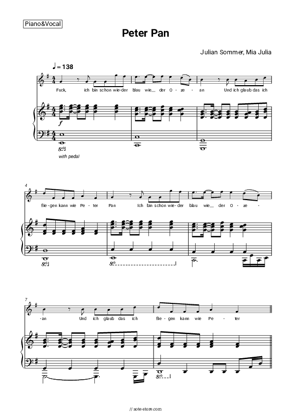 Peter Pan - Julian Sommer, Mia Julia Piano Sheet Music with the Voice part - Piano&Vocal