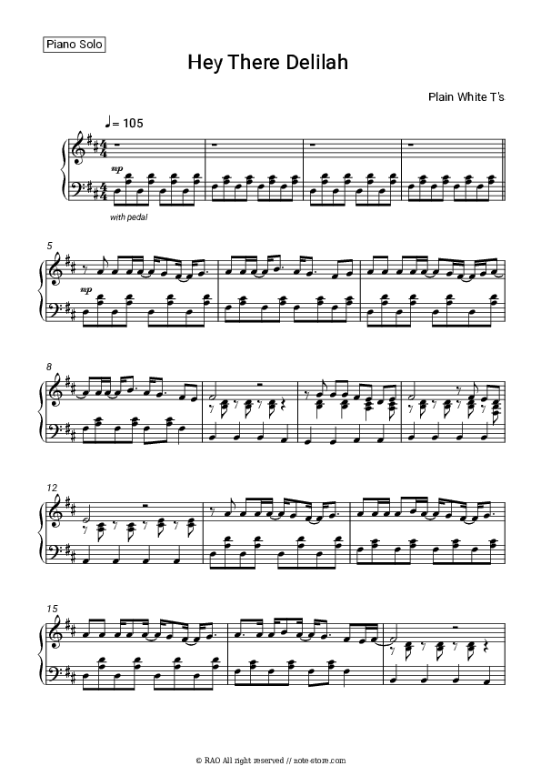 Hey There Delilah - Plain White T's Piano Sheet Music - Piano.Solo