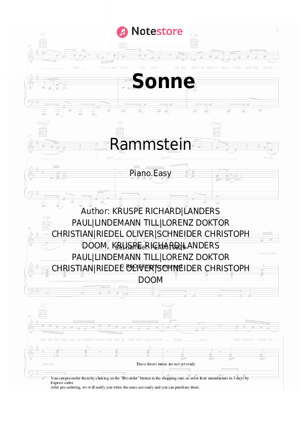 Sonne - Rammstein Piano Sheet Music Easy - Piano.Easy