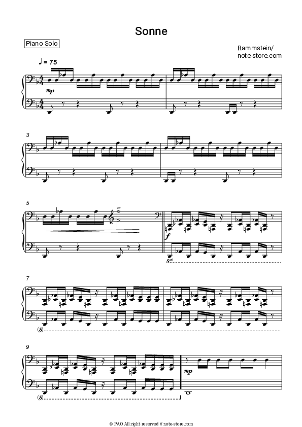 Sonne - Rammstein Piano Sheet Music - Piano.Solo