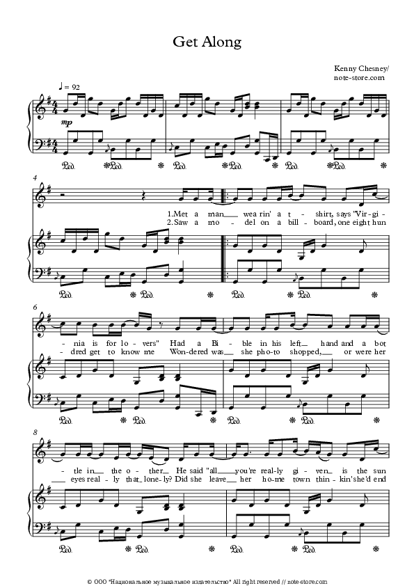 Get Along - Kenny Chesney Piano Sheet Music with the Voice part - Piano&Vocal