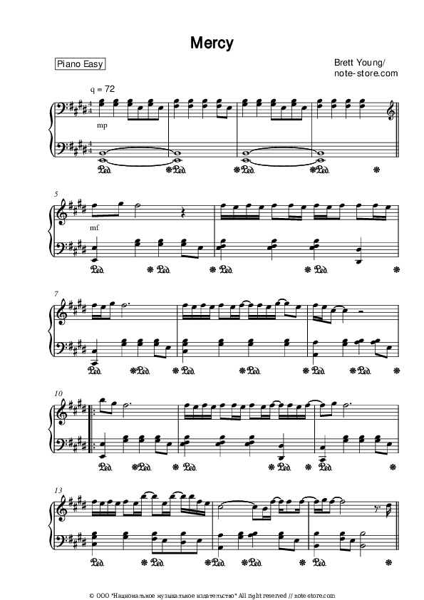 Mercy - Brett Young Piano Sheet Music Easy - Piano.Easy
