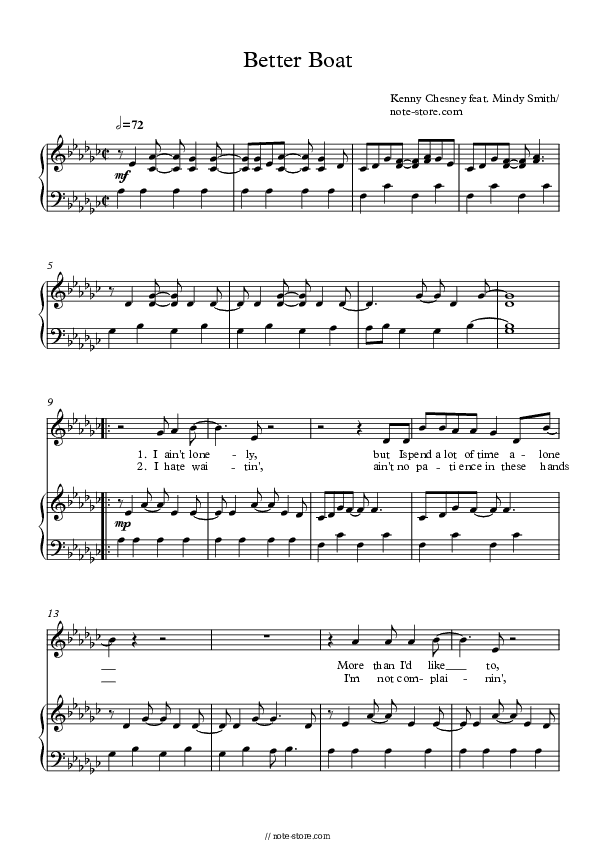 Better Boat (feat. Mindy Smith) - Kenny Chesney Piano Sheet Music with the Voice part - Piano&Vocal