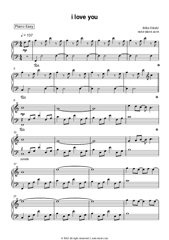i love you - Billie Eilish Piano Sheet Music Easy - Piano.Easy