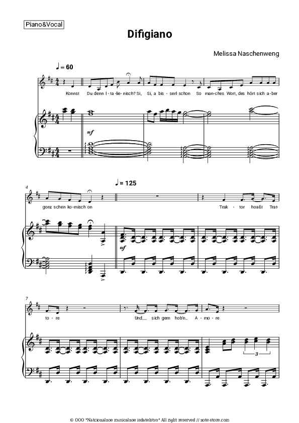 Difigiano - Melissa Naschenweng Piano Sheet Music with the Voice part - Piano&Vocal