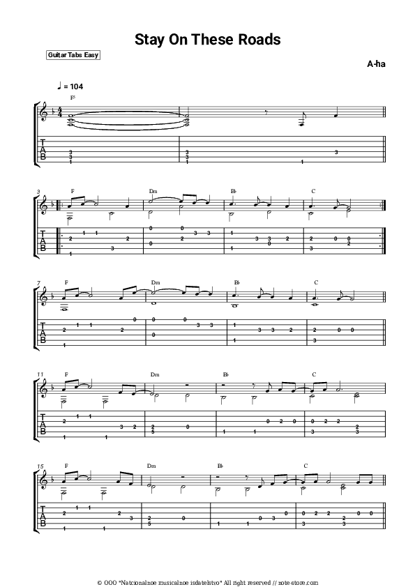 Stay On These Roads - A-ha Tabs Easy - Guitar.Tab.Easy