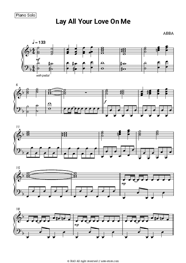 Lay All Your Love On Me - ABBA Piano Sheet Music - Piano.Solo