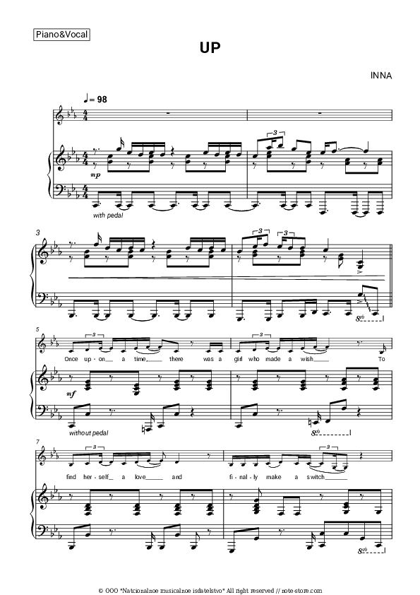 UP - INNA, Sean Paul Piano Sheet Music with the Voice part - Piano&Vocal