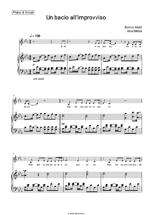 Un bacio all'improvviso - Rocco Hunt, Ana Mena Piano Sheet Music with the Voice part - Piano&Vocal