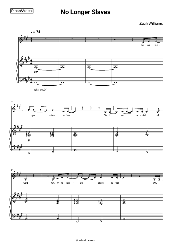 No Longer Slaves - Zach Williams Piano Sheet Music with the Voice part - Piano&Vocal