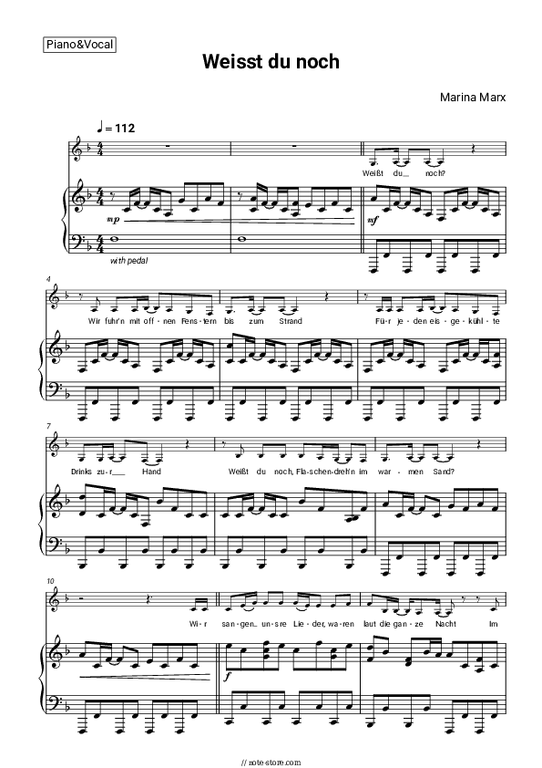 Weisst du noch - Marina Marx Piano Sheet Music with the Voice part - Piano&Vocal
