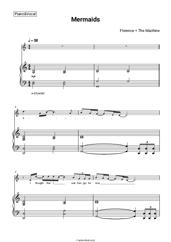 Mermaids - Florence + The Machine Piano Sheet Music with the Voice part - Piano&Vocal