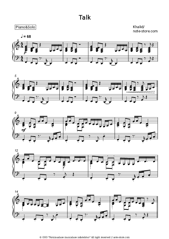 Talk - Khalid Piano Sheet Music - Piano.Solo