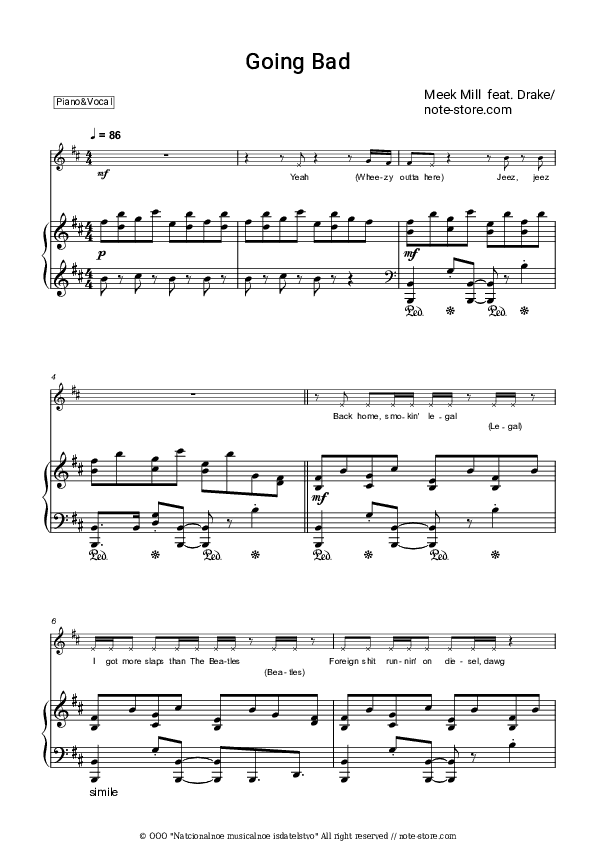 Going Bad - Meek Mill, Drake Piano Sheet Music with the Voice part - Piano&Vocal