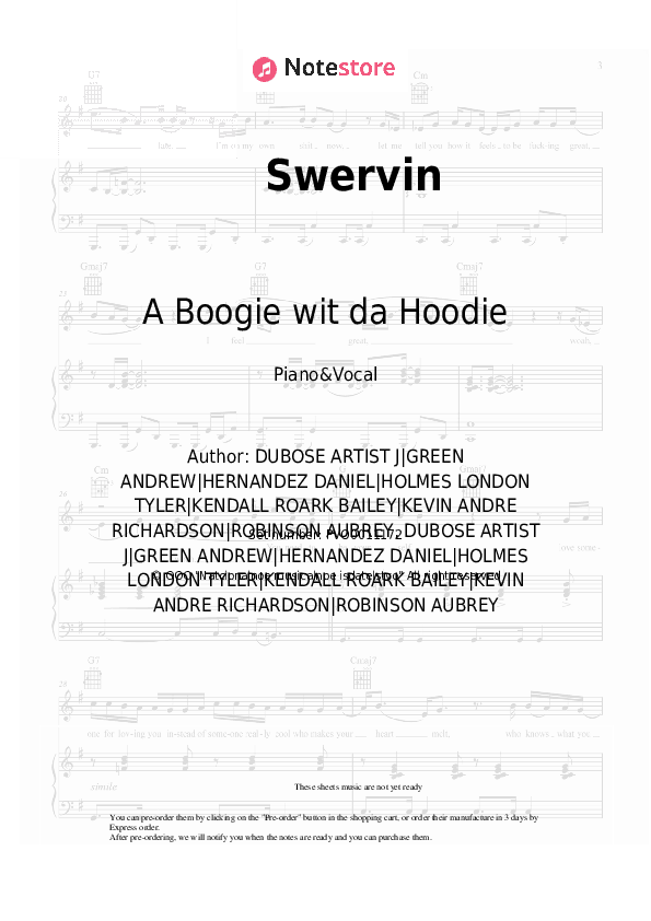 Swervin - A Boogie wit da Hoodie, 6ix9ine Piano Sheet Music with the Voice part - Piano&Vocal