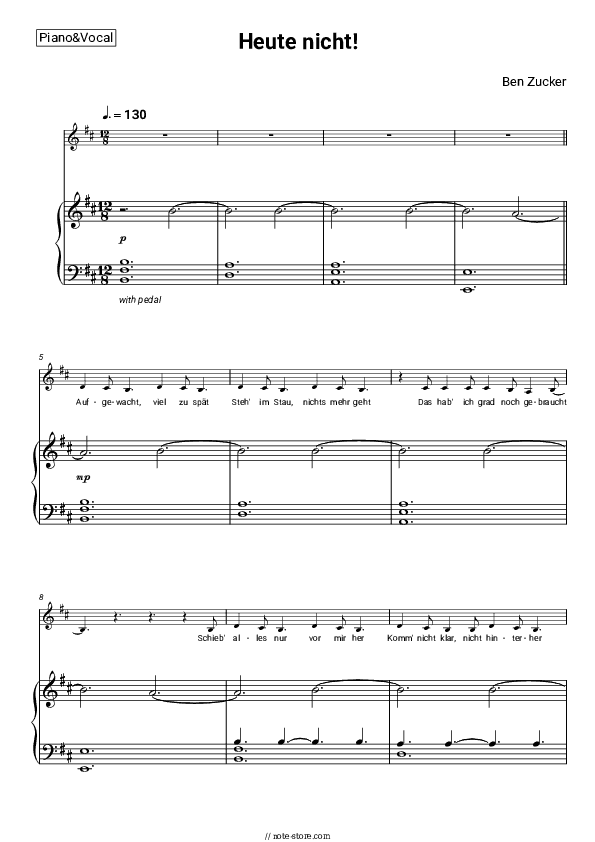 Heute nicht! - Ben Zucker Piano Sheet Music with the Voice part - Piano&Vocal