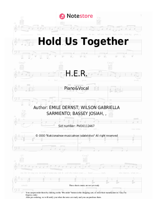Hold Us Together (from 'Safety' soundtrack) - H.E.R. Piano Sheet Music with the Voice part - Piano&Vocal