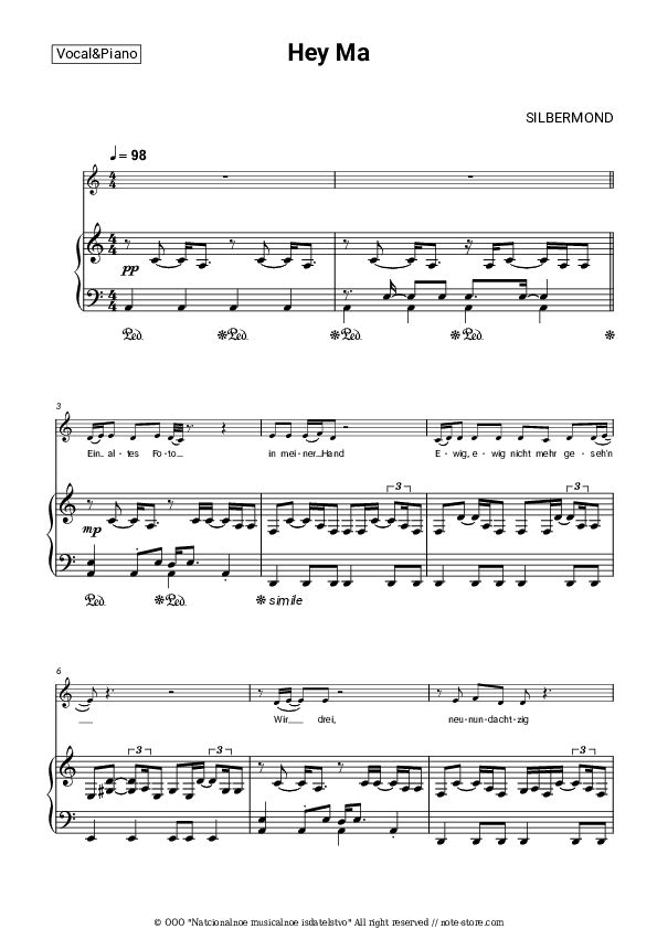 Hey Ma - Silbermond Piano Sheet Music with the Voice part - Piano&Vocal