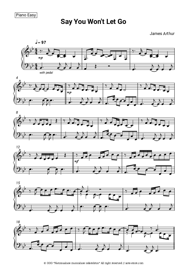 Say You Won't Let Go - James Arthur Piano Sheet Music Easy - Piano.Easy