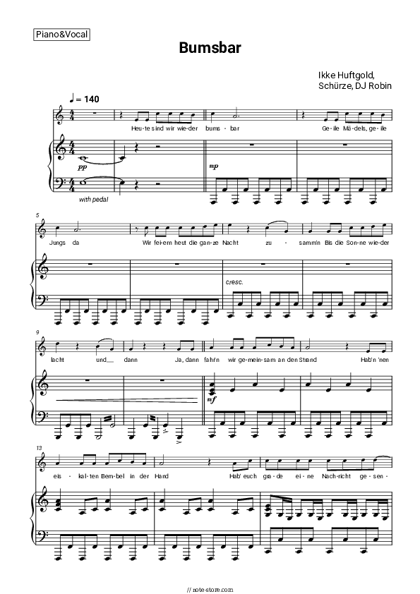 Bumsbar - Ikke Huftgold, Schürze, DJ Robin Piano Sheet Music with the Voice part - Piano&Vocal