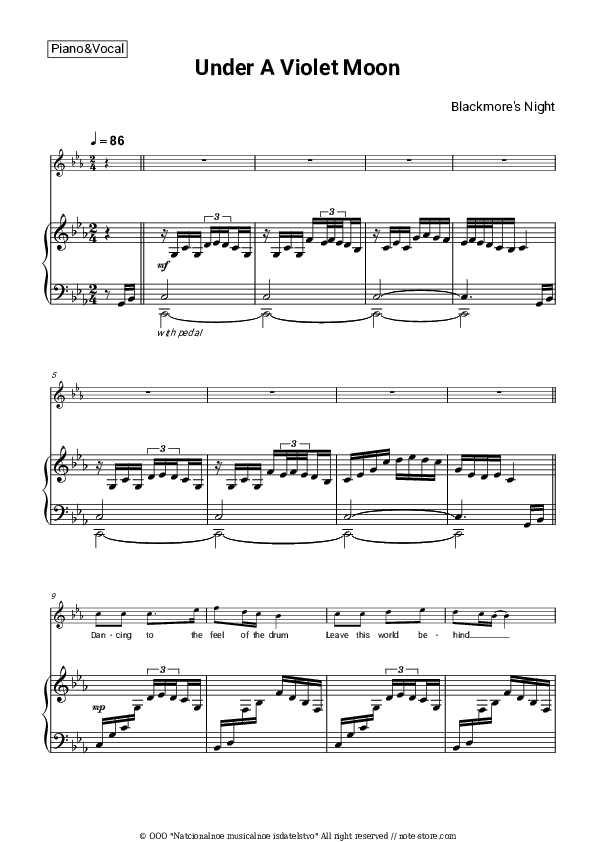 Under A Violet Moon - Blackmore's Night Piano Sheet Music with the Voice part - Piano&Vocal