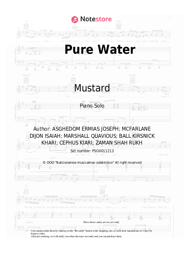 Pure Water - Mustard, Migos Piano Sheet Music - Piano.Solo