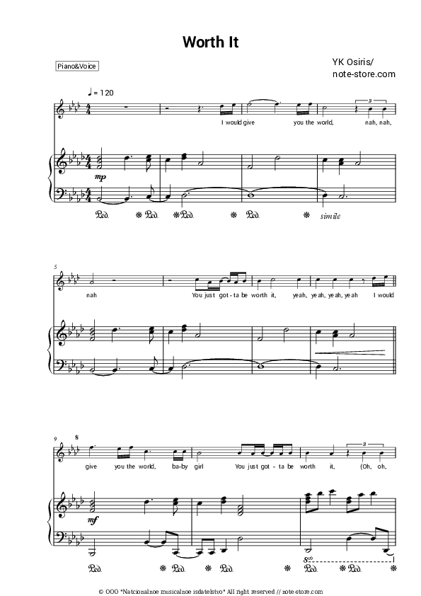 Worth It - YK Osiris Piano Sheet Music with the Voice part - Piano&Vocal