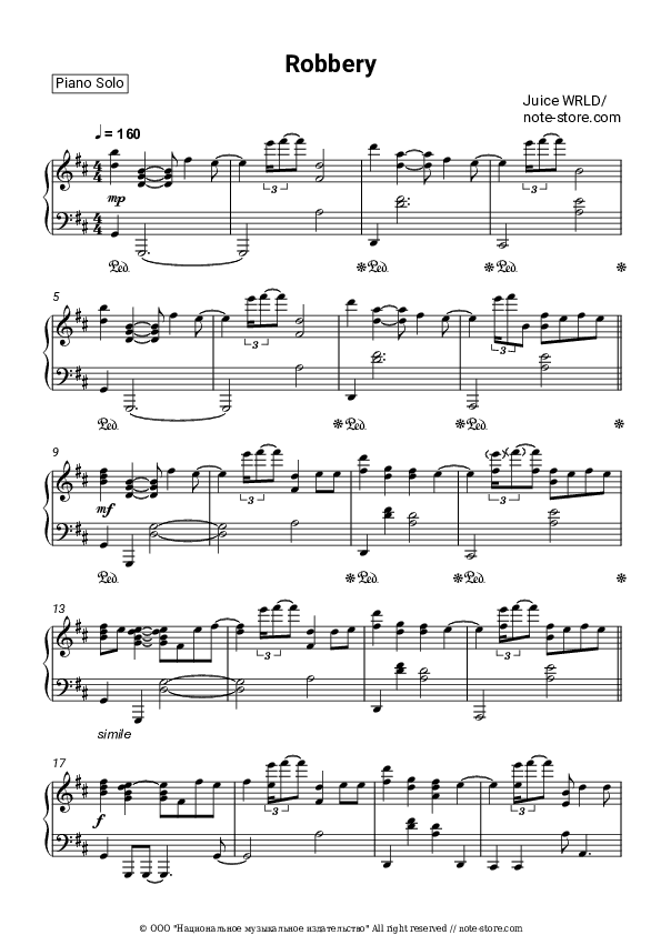 Robbery - Juice WRLD Piano Sheet Music - Piano.Solo