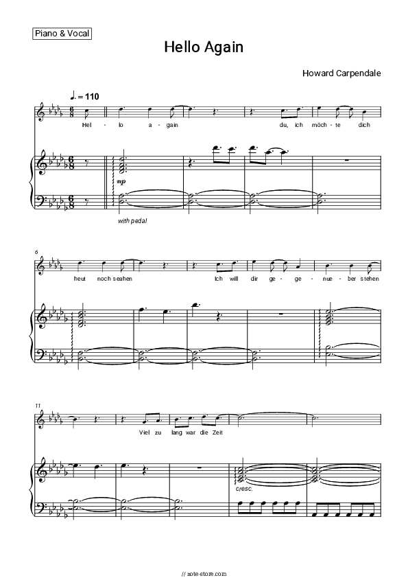 Hello Again - Howard Carpendale Piano Sheet Music with the Voice part - Piano&Vocal