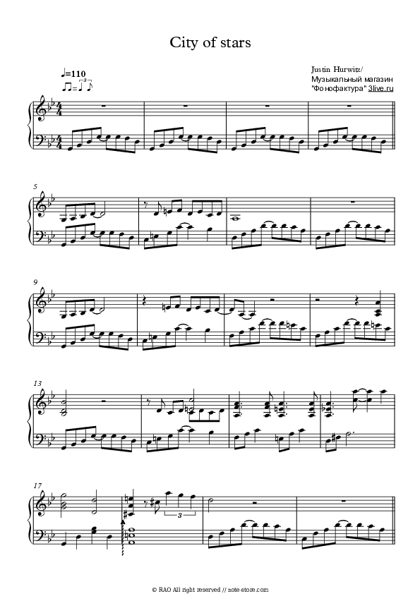 City of stars - Ryan Gosling, Emma Stone Piano Sheet Music - Piano.Solo