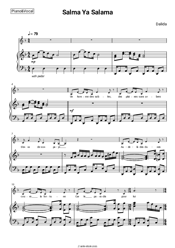 Salma Ya Salama - Dalida Piano Sheet Music with the Voice part - Piano&Vocal