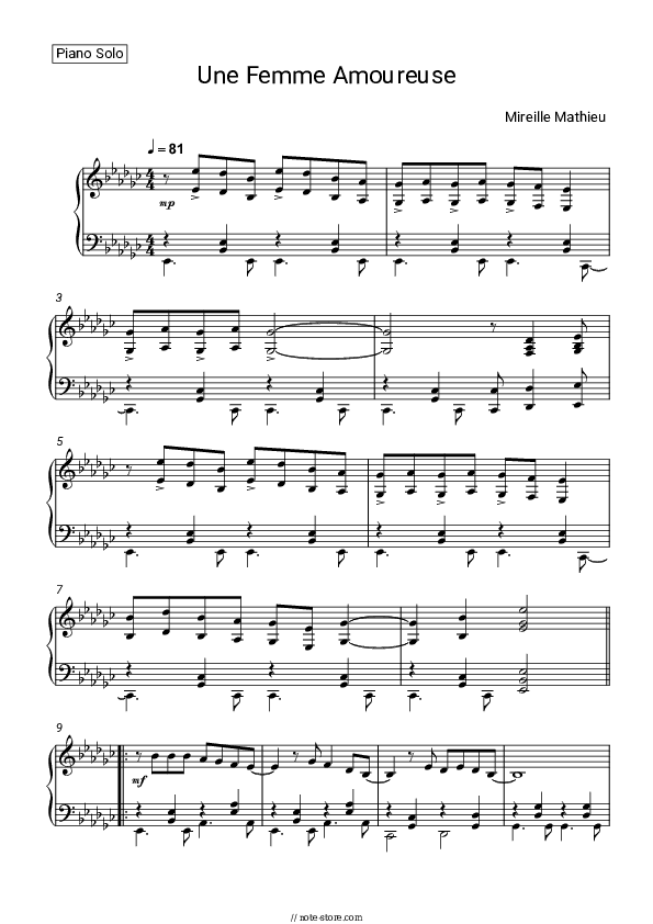 Une femme amoureuse - Mireille Mathieu Piano Sheet Music - Piano.Solo
