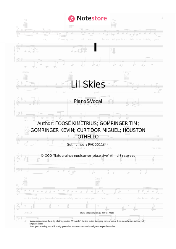I - Lil Skies Piano Sheet Music with the Voice part - Piano&Vocal