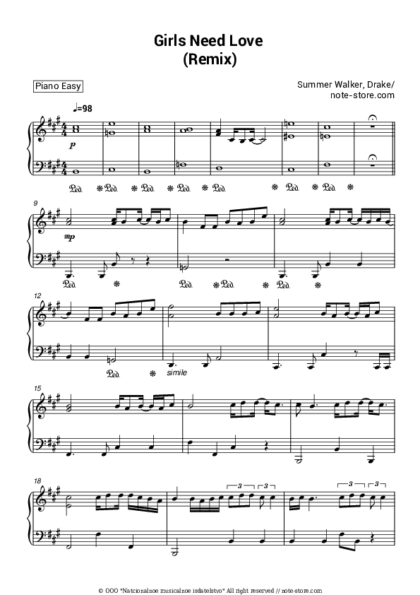 Girls Need Love (Remix) - Summer Walker, Drake Piano Sheet Music Easy - Piano.Easy