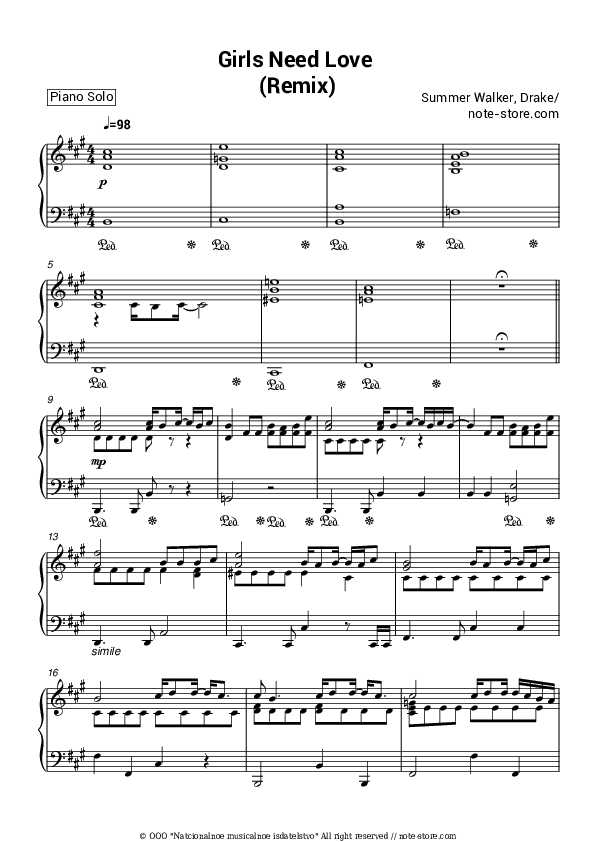 Girls Need Love (Remix) - Summer Walker, Drake Piano Sheet Music - Piano.Solo