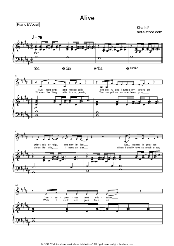 Alive - Khalid Piano Sheet Music with the Voice part - Piano&Vocal