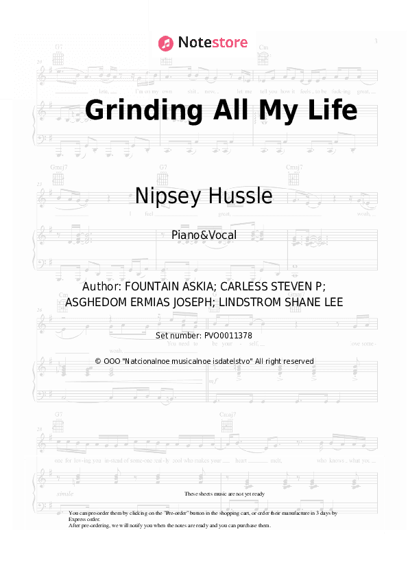 Grinding All My Life - Nipsey Hussle Piano Sheet Music with the Voice part - Piano&Vocal