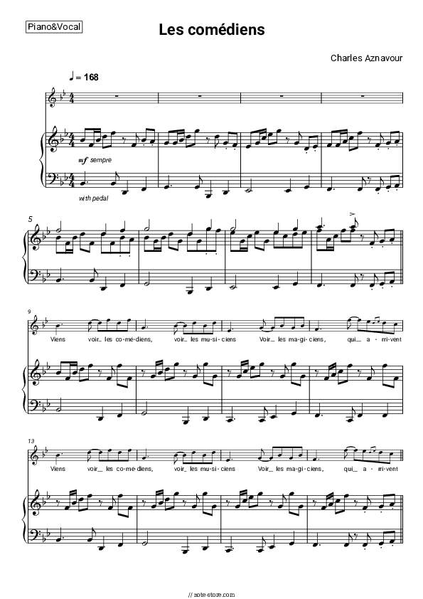 Les comediens - Charles Aznavour Piano Sheet Music with the Voice part - Piano&Vocal