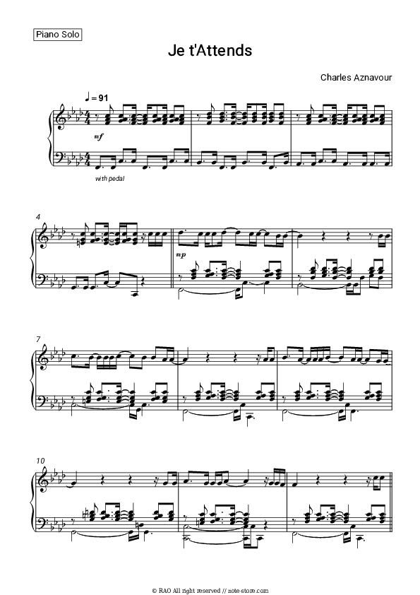 Je t'Attends - Charles Aznavour Piano Sheet Music - Piano.Solo