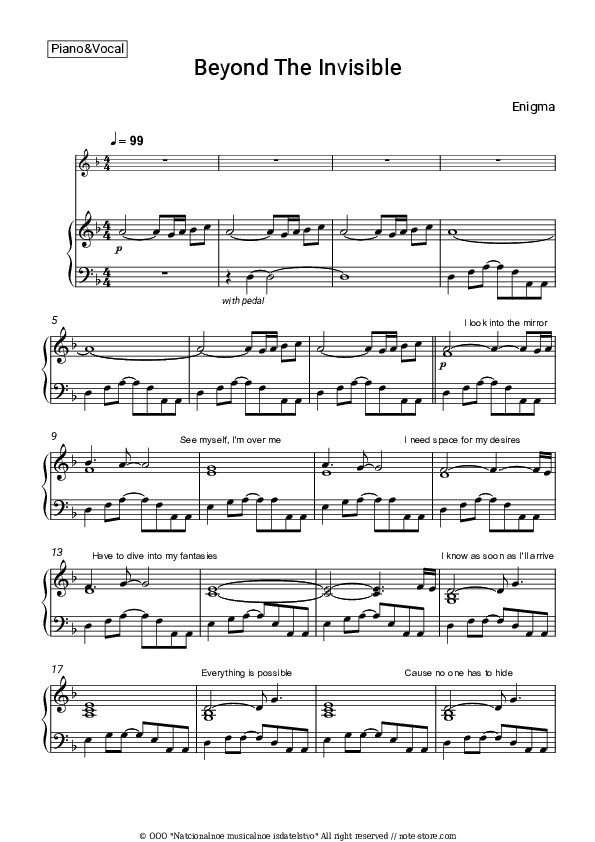 Beyond The Invisible - Enigma Piano Sheet Music with the Voice part - Piano&Vocal