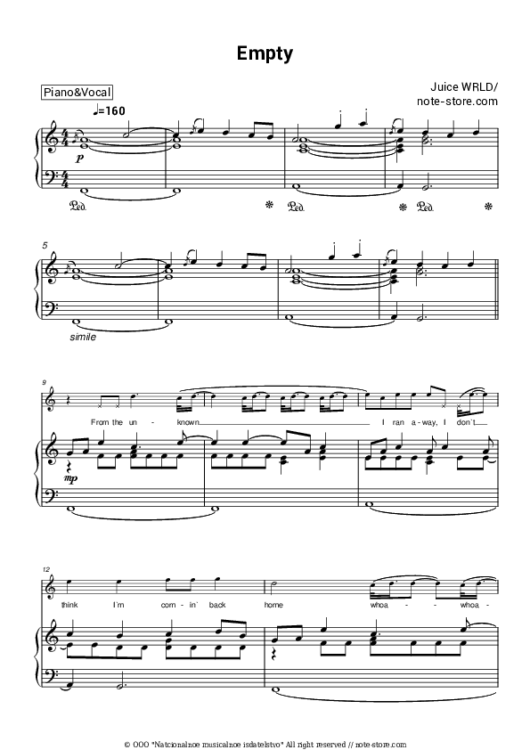 Empty - Juice WRLD Piano Sheet Music with the Voice part - Piano&Vocal