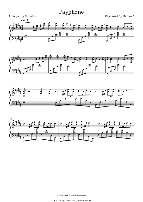 Payphone - Maroon 5, Wiz Khalifa Piano Sheet Music - Piano.Solo