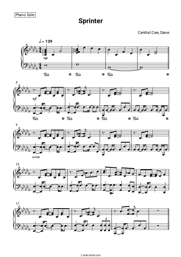 Sprinter - Central Cee, Dave Piano Sheet Music - Piano.Solo